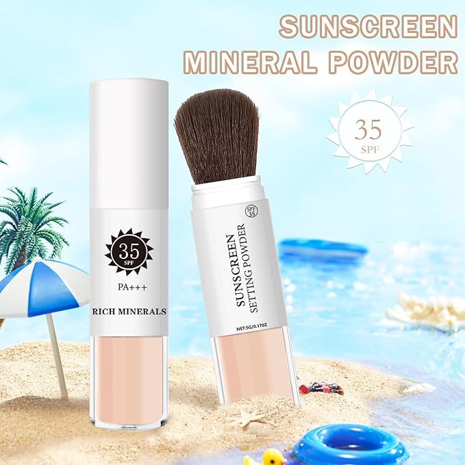 Mineral Sunscreen Setting Powder Mineral Brush Powder SPF 35 PA+++ Oil Control Matte Effect Lightweight Breathable Translucent Powder Setting Powder Sunscreen Makeup for Face with Brush - 02 Fair