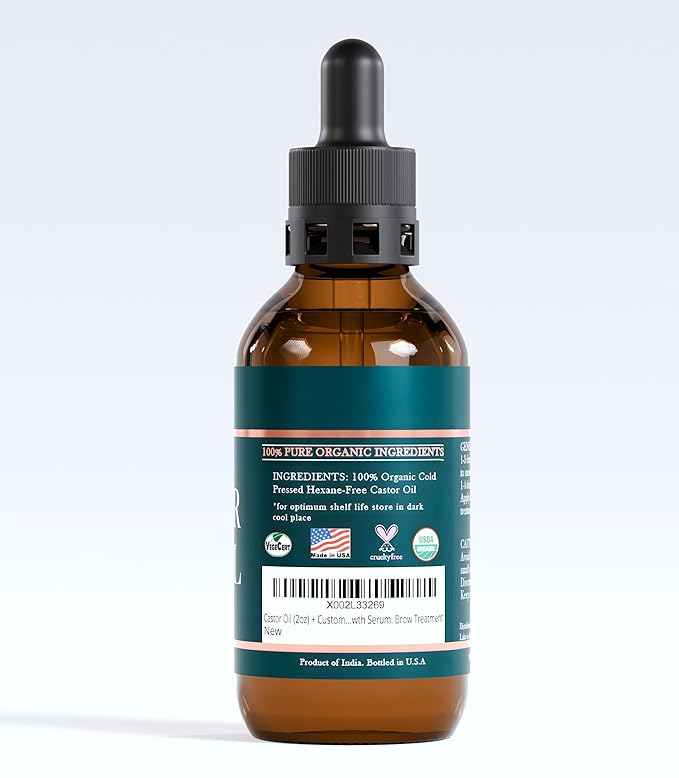 Organic Castor Oil Lash Serum for Hair Growth, 100% Pure Eyebrow Eyelash Growth Serum, Cold Pressed Hexane Free (2oz Glass Bottle + FILLED Mascara Tube)