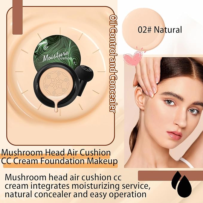 Mushroom Head Air Cushion CC Cream Foundation Makeup,Moisturizing Non-Greasy BB Cream Foundation,Long Lasting Matte Concealer Full Coverage Face Makeup Liquid Foundation for All Skin Types(Natural)