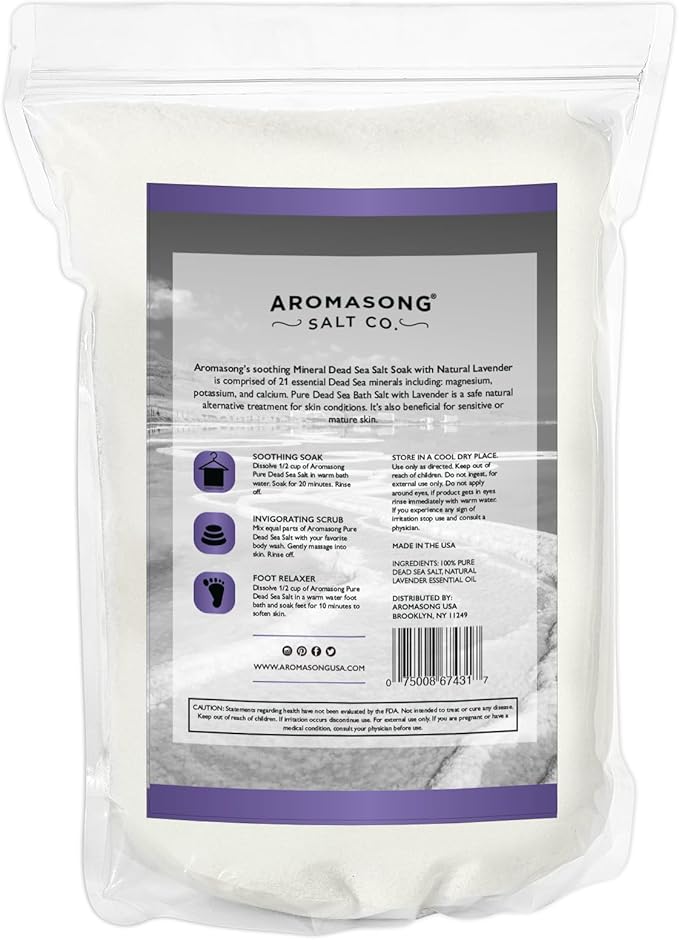 Aromasong Pure Dead Sea Salt for Soaking with 100% Natural Lavender, 19 LB - Spa Bath Salt Fine Grain - Body Wash Scrub - Soak for Women & Men- Bulk Resealable Pack