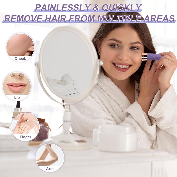 Facial Hair Remover for Women, Painless Rechargeable Hair Removal Device, Comes with 2 Replacement Heads, Portable Electric Shaver/Razors for Face, Chin, Upper Lip, arms and Peach Fuzz (Blue)