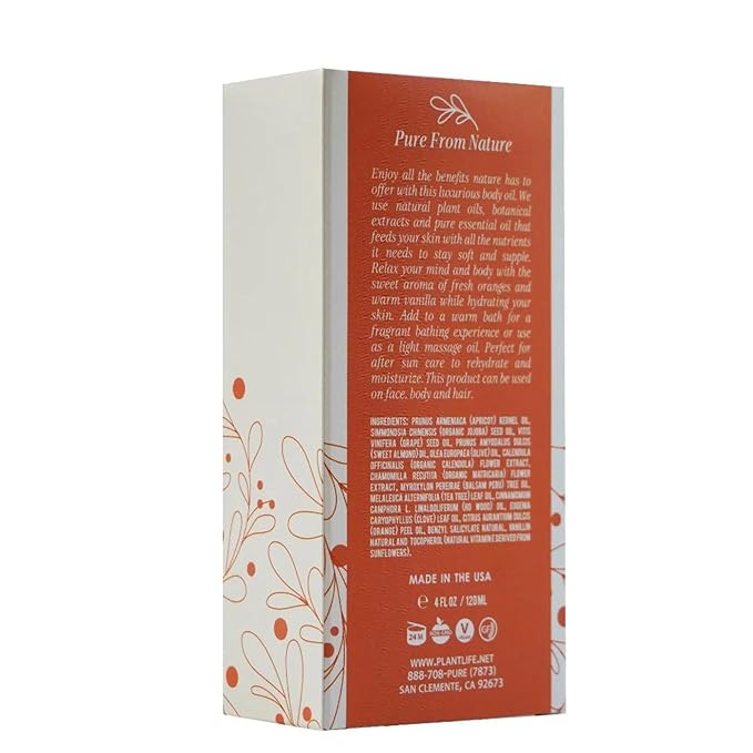 Plantlife Vanilla Orange Body Oil - Formulated for Soft and Silky Skin Using Rich Plant Oils That Absorb and Leave a Light Aroma on the Skin - Made in California 4 oz