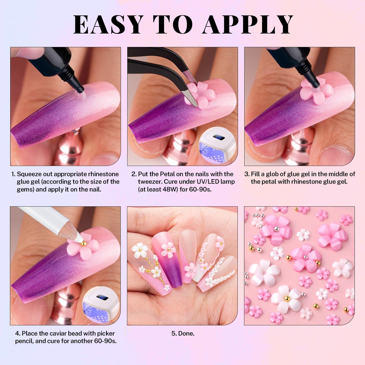 3D Flowers Nail Charms and Gems with Nail Rhinestone Glue Gel, Cute Colorful Acrylic 3D Flowers for Nails with Caviar Beads, Rhinestones for Nails and Gem Glue with Pickup & Dotting Tools