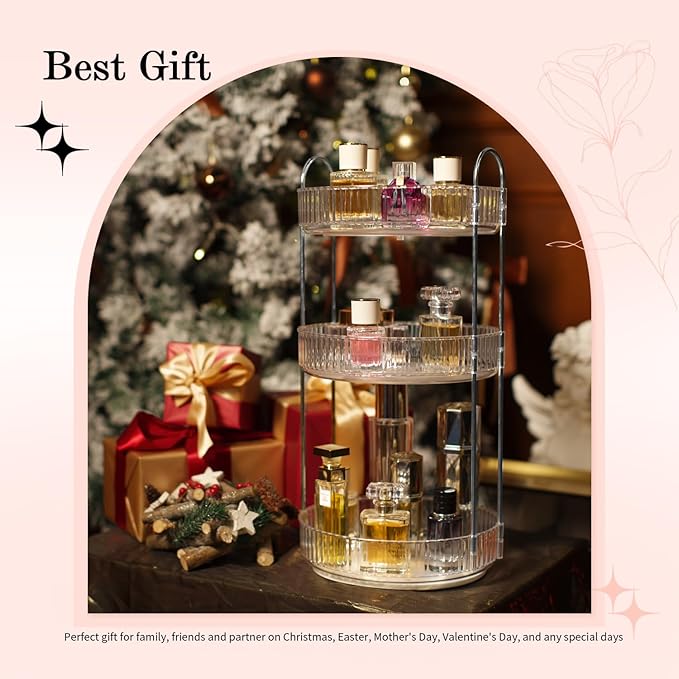 360° Rotating Makeup Organizer for Vanity, Spinning Cosmetics Organizer Holder Rack, Large Capacity Bathroom Organizer Countertop, Fits Perfume, SkinCare, Makeup Brushes 3 Tiers, Transparent
