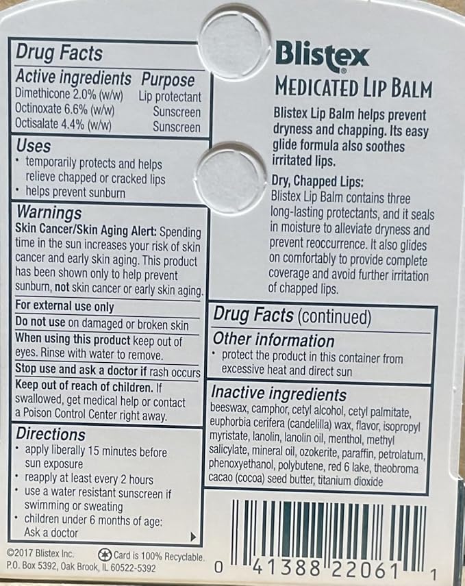 Blistex Medicated Lip Balm with SPF 15 for Dryness, Chapping and Soothes Irritated Lips,0.15 Ounce (Pack of 8)