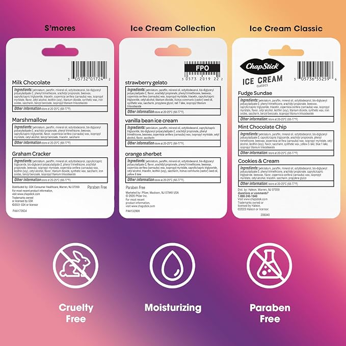 ChapStick Lip Balm, Ice Cream Collection 3-Pack, Ice Cream Classics 3-Pack + S’mores Collection – Fun & Flavorful Lip Care, Birthday Gift, Party Favors, Stocking Stuffers, 0.15 Oz Ea