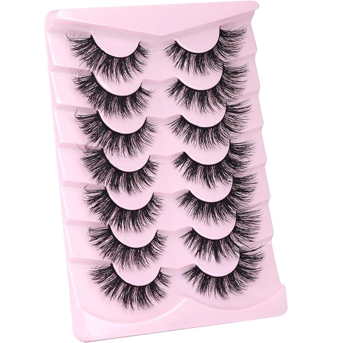 Mink Lashes False Eyelashes Natural Look Wispy Cat Eye Flat Lashes 3D Mink Lashes Natural Fake Lashes 18mm Strip Lashes Pack 7 Pairs