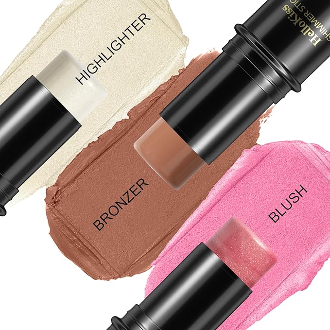 3 Pcs Face Contour Stick Kit, Matte Finish Face Stick Trio with Bronzer Blush Highlighter and Brush, Long Lasting Waterproof Cream Beauty Wand Makeup Set for Sculpt Glowing Face Look (#2, 7, 11)