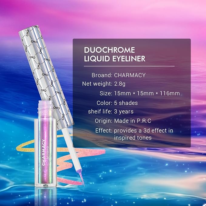 CHARMACY Chameleon Liquid Glitter Eyeliner - Highly Pigmented, Metallic MultiColor Shifting, Waterproof, Ultra-Fine Tip, Longwearing, Smudge-proof (#303)