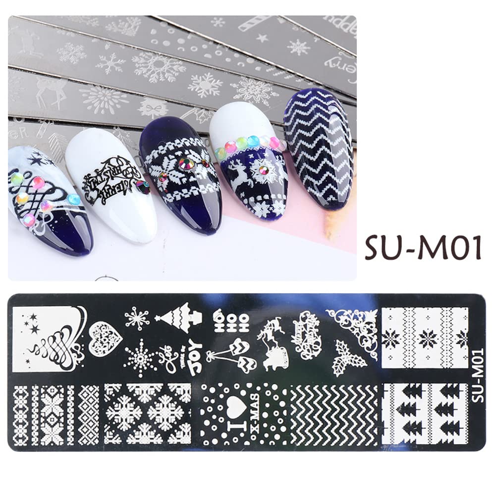 6 Pcs Xmas Christmas Snowflake Nail Stamper Kit with 1 Stamper 1 Scraper, DIY Nail Art Stencil Plates Set