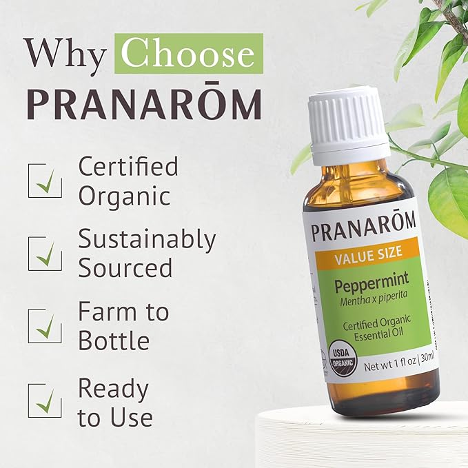 Pranarom USDA Certified Organic Peppermint Essential Oil (30ml), 100% Pure Undiluted Therapeutic Grade from India for Aromatherapy, Diffuser, Topical, Cooling, Massage & Relaxation