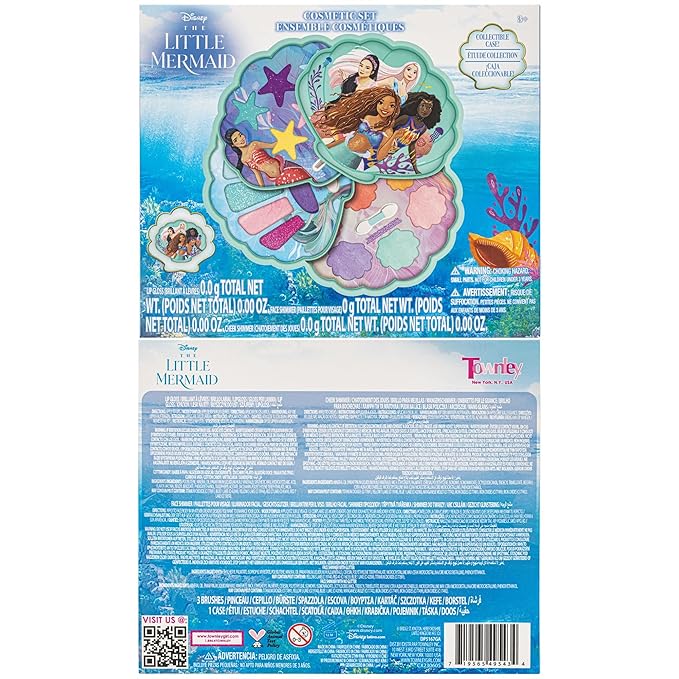 Townley Girl The Little Mermaid Clam Beauty Compact Set Kit with Lip Gloss Palette, Makeup Set for Kids Girls, Ages 3+ Perfect for Parties, Sleepovers and Makeovers