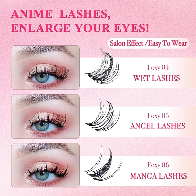 Lash Clusters Kit - Wispy Natural & Manga Spiky Lash Cluster Invisible band 8-16mm Eyelash Clusters Kit D Curl Lash Extension Kit WideSpan with Bond and Seal DIY at Home