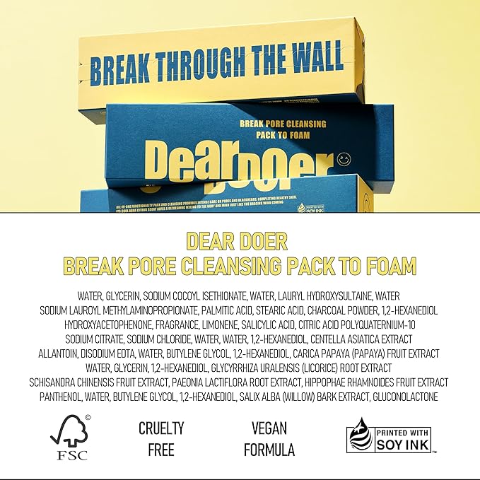 Break Pore Cleansing Pack to Foam – 3-in-1 Korean Skin Care Wash-Off Mask & Exfoliator & Cleanser w/Charcoal and Salicylic Acid – AHA, BHA, PHA for Oily, Congested Skin (3.38 fl oz)