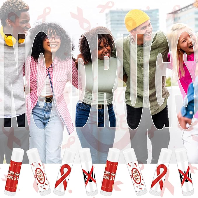 Fumete 50 Pcs Red Awareness Ribbon Lip Balm Bulks Red Ribbon Week Support Gift Red Ribbon Week Supplies Mental Health Awareness Items for Unisex Adults Volunteer Fundraising Charity Activity