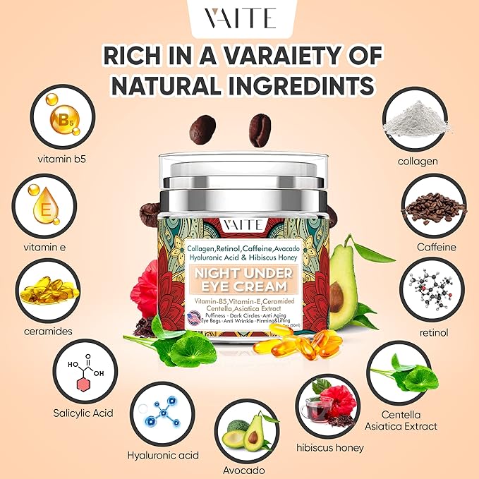 Under Eye Cream with Collagen, Retinol, Caffeine, Avacado Hyaluronic Acid & Hibiscus Honey for Night and Day with Vitamin B5, E for Puffiness Circles Anti Aging Eye Bags and Anti Wrinkle