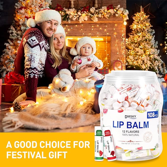 DMSKY Lip Balm Bulk 108 Pack, Lip Balm Hydrating with Vitamin E and Coconut Oil 12 Flavors, Lip Moisturizer Treatment - Party Favors Bulk Gift