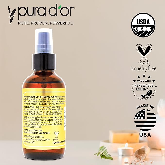 PURA D'OR 4 Oz ORGANIC Moroccan Argan Oil - USDA Certified 100% Pure & Cold Pressed Virgin Premium Grade Natural Moisturizer Treatment For Dry, Damaged Skin, Hair, Face, Body & Scalp - Men & Women