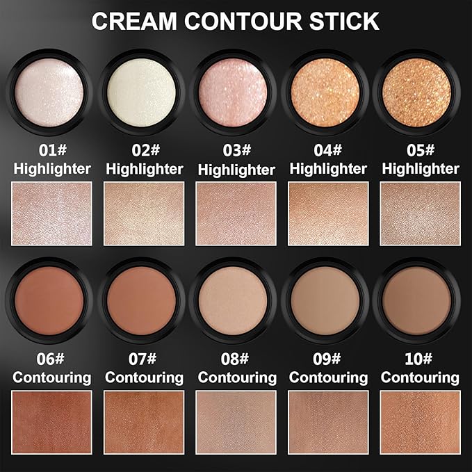 2Pcs Cream Contour Stick Makeup Kit, Cream Highlighter Stick and Bronzer Contour Stick with Longwear Waterproof Formula for Brightening and Trimming the Cheeks, Makeup Brush Include (#02, 08)
