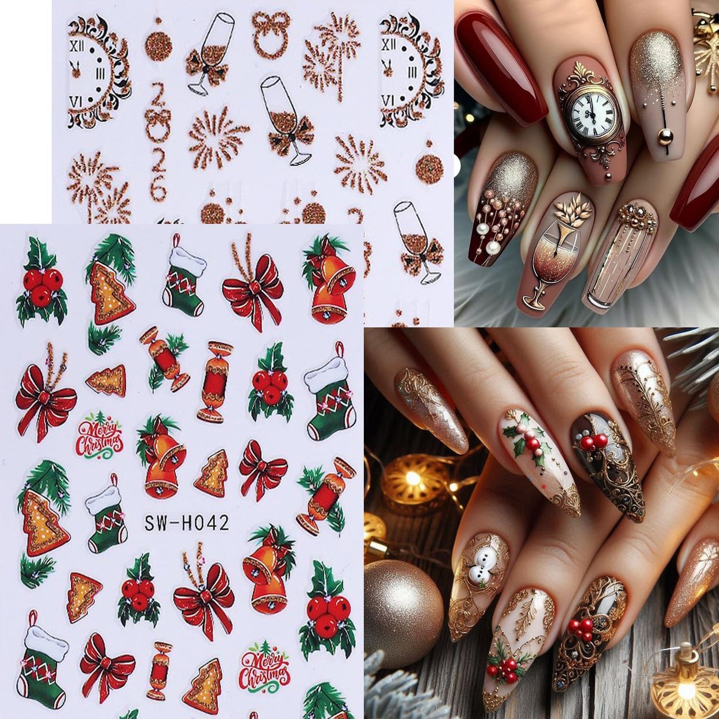 4Sheet Christmas Nail Art Stickers Santa Claus Elk Snowflake Nail Decals 3D Self-Adhesive Fireworks Clock Bow Designs Nail Supplies Winter Xmas Nail Sticker Nail Art for Women DIY New Year Nail Decor