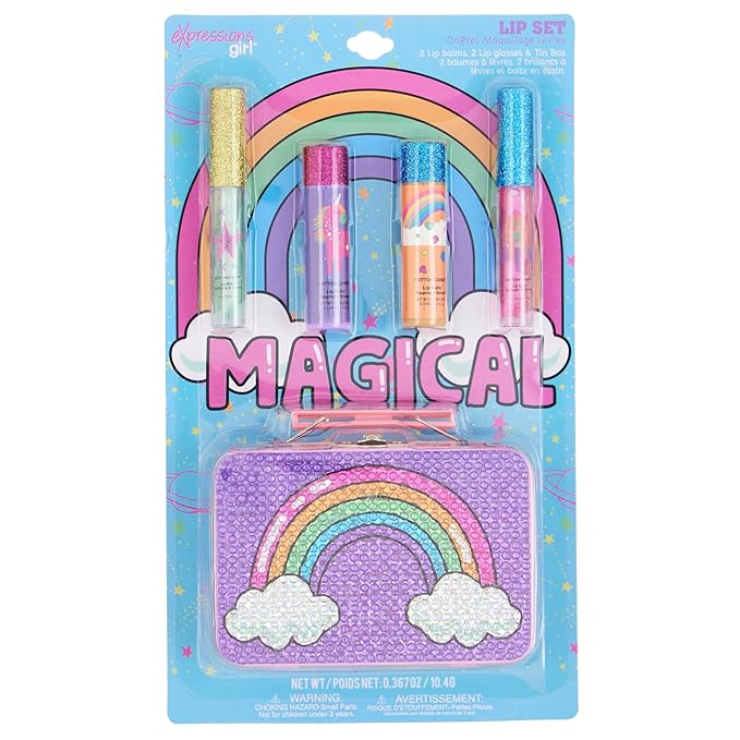 Expressions 5pc Rainbow Rhinestones Cosmetics Lip Kit For Kids w/Lip Glosses, Lip Balms & Tin Box Storage Case Magical Lip Set,Washable + Non Toxic