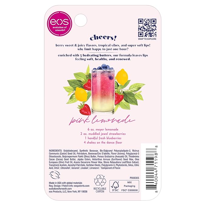 eos Sunset Sips Lip Butter Tube- Pink Lemonade, 24-Hour Moisture, Overnight Lip Mask, Lip Care Products, 0.35 fl oz