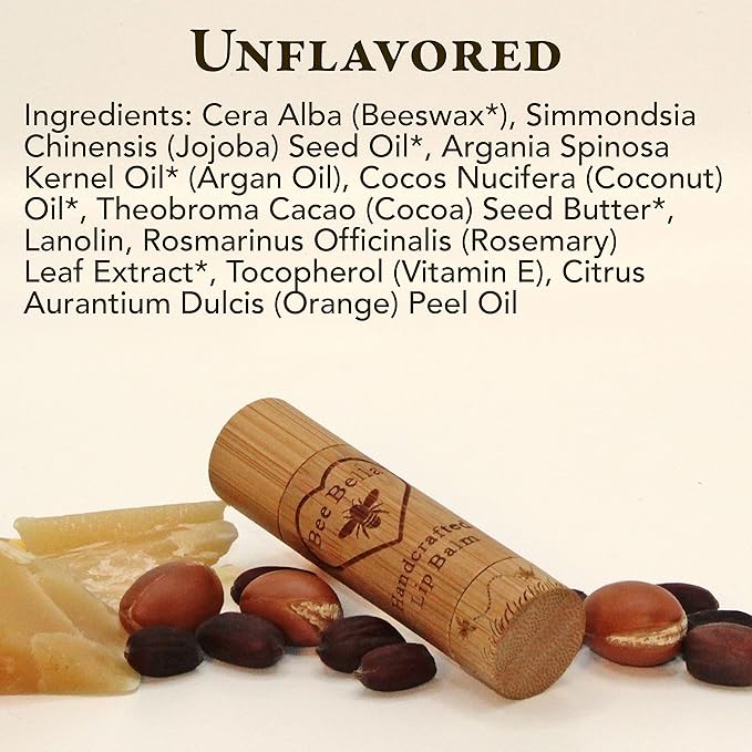 Bee Bella Lip Balm, Unscented (Unflavored), 3 Pack - Hydrating, Moisturizing Lip Care, 100% Natural, Original Organic Beeswax with Vitamin E, Handmade in USA