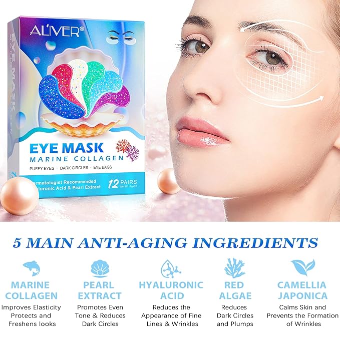 Under Eye Patches(12 Pairs), 6 Color Marine Collagen Eye Mask for Puffy Eyes, Dark Circles, Eye Bags, Wrinkles, Fine Lines.