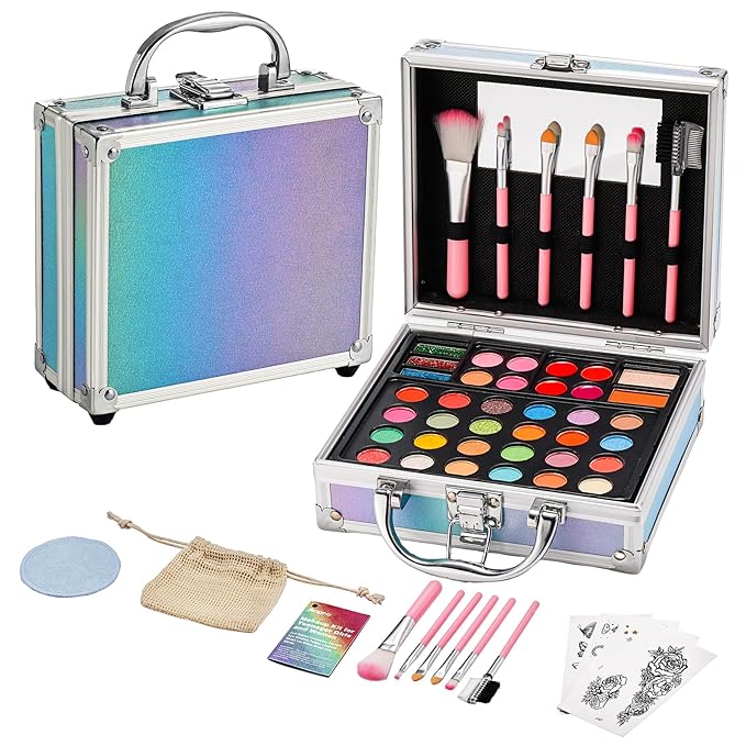 Anpro All-In-One Makeup Carry Case with Pro Teen Makeup Set, Full Starter Cosmetics Kit with Makeup Brushes, Eye Shadows Palette, Blushes, Glitter Gel, Temporary Tattoo Stickers - Blue