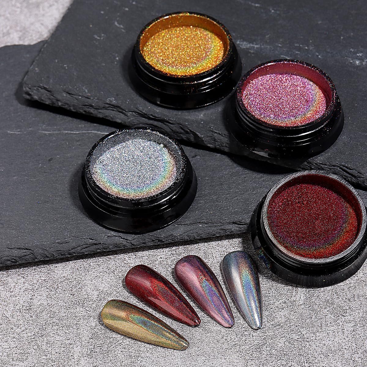 16 Colors Chrome Nail Powder Set, Metallic Mirror Effect Holographic Aurora Chameleon Pigment Glitter for Gel Polish Manicure Nail Art Decorations