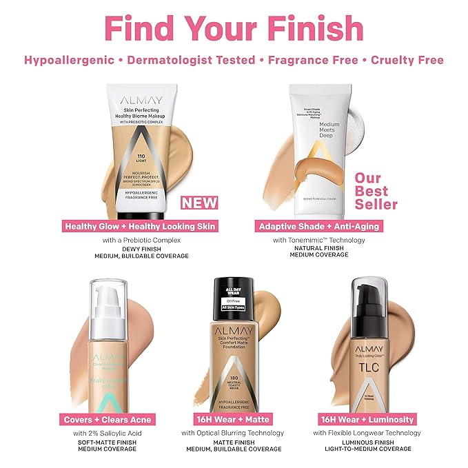Almay Skin Perfecting Healthy Biome Foundation Makeup with Prebiotic Complex SPF 25, Hypoallergenic, -Fragrance Free, 110 Light, 1 fl. oz.