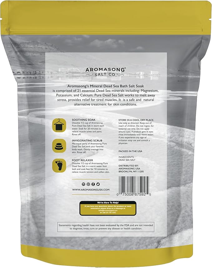Aromasong Dead Sea Salt - Spa Bath Salt - 19 Lbs Fine Grain Bulk - 100% Pure - Better Absorbing Than Epsom Salt - Soak for Women & Men for Skin Issues and to Relax Tired Muscles - Resealable Pack.
