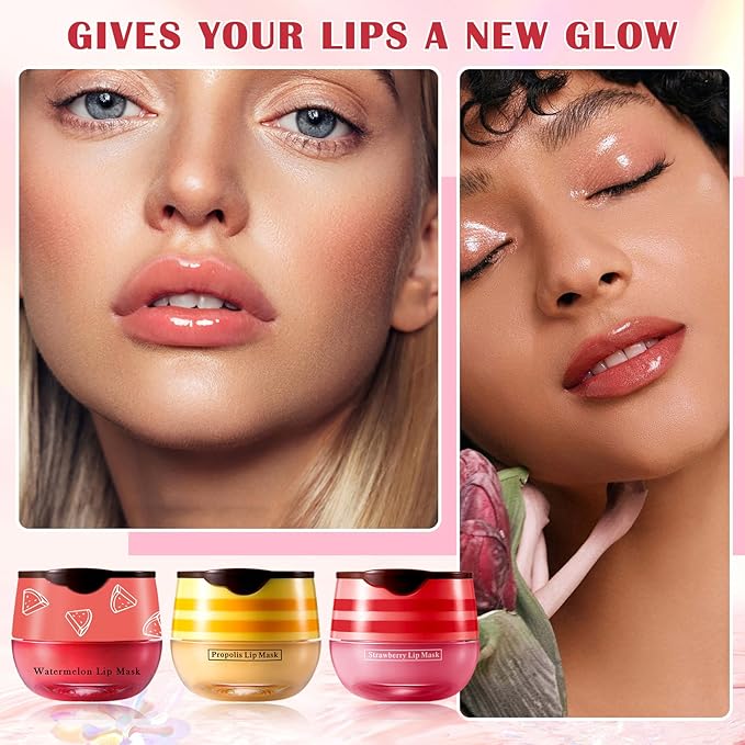 Honey Lip Balm (Strawberry, Watermelon) - Smooth, Hydrating Propolis Lip Mask Overnight Scrubs Exfoliator, Natural Ingredients, Lip Care Set