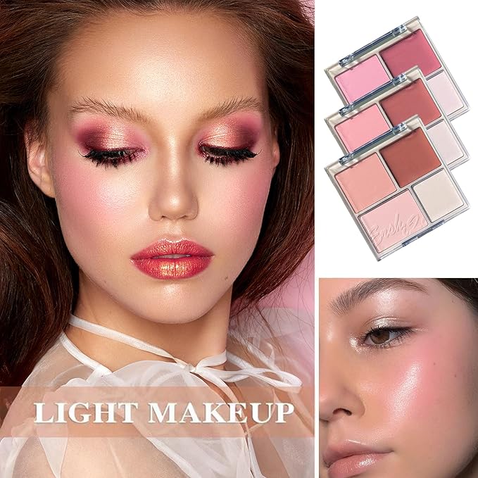 3Pcs 4 Colors Blush Palette,Matte Contour Makeup Blush for Cheeks,Waterproofing Highly Pigmented Face Cheek Blusher with Make Up Brush A1