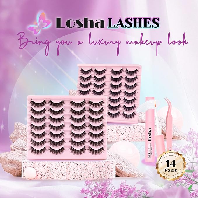 Losha Lashes Fluffy False Eyelashes 5D Volume Eye Lashes Kit with Lash Glue and Lash Tweezers 14 Pairs Vegan Fake Eyelashes Soft Faux Mink Lashes Pack (Thrives)