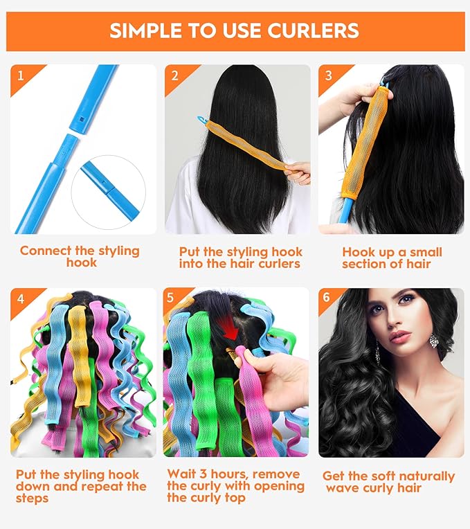 30 Pcs Heatless Hair Curlers Wave Curls Styling Kit with 2 Pcs Styling Hooks, No Heat Hair Curlers Heatless Wave Curlers for Women Girls Short Hair (6 Colors, 25 cm/9.84 inch)