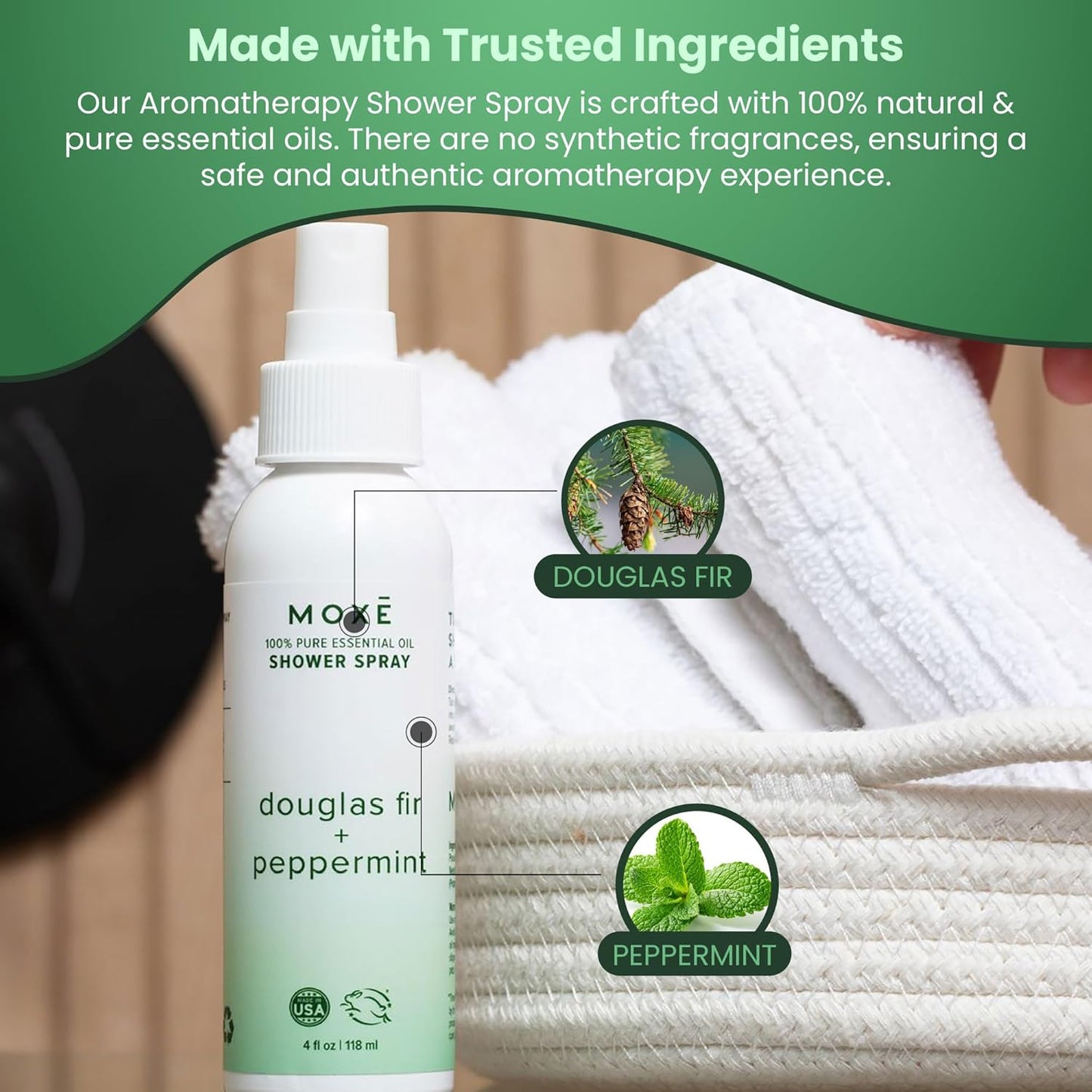 MOXE Aromatherapy Shower Spray - Douglas Fir & Peppermint, 100% Essential Oils, Made in USA, Aromatherapy, Sinus Congestion Relief, Respiratory Support, 4 Oz (1 Pack)