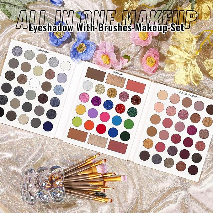 UCANBE Eyeshadow Palette with Brushes Makeup Sets, Pigmented Eye Makeup Pallet Holiday Gift Set, Goth Smokey Rosy Neutral Glitter Rainbow Eye Shadows & Contour Highlight Blush All-in-One Make Up Kit