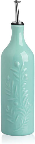 Sweejar Large Olive Oil Dispenser Bottle with Spout, 24 Oz Ceramic Oil Dispenser for Kitchen, Relief Opaque Oil Cruet, Oil Container for Cooking, EVOO, Avocado Oil, Vinegar, Pack of 1(Turquoise)