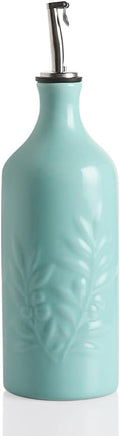 Sweejar Ceramic Olive Oil Dispenser Bottle, 20 Oz Relief Design EVOO Oil and Vinegar Dispensing Bottle with Spout for Kitchen, Set of 1 (Turquoise)
