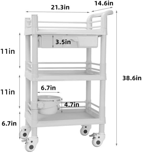 Mobile Medical Trolley 3 Tier Rolling Utility Cart with Dirt Bucket & Drawer, Beauty Salon Cart for Spa Tattoo Waxing, Esthetician Carts for Salon Hospital Dental Clinic Home, Postpartum Cart