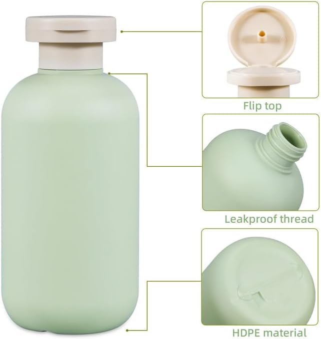 10 oz Plastic Travel Shampoo Bottles, Refillable Flip Cap Squeeze Bottles for Toiletries, Large Leakage-proof Travel Shampoo and Conditioner Container (Blue and Green)