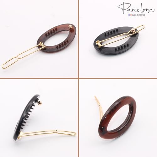 Parcelona French Eggie Oval Shell Black Mini Celluloid Acetate Side Slide Barrette Snap on Hair Clips - 4 Pieces