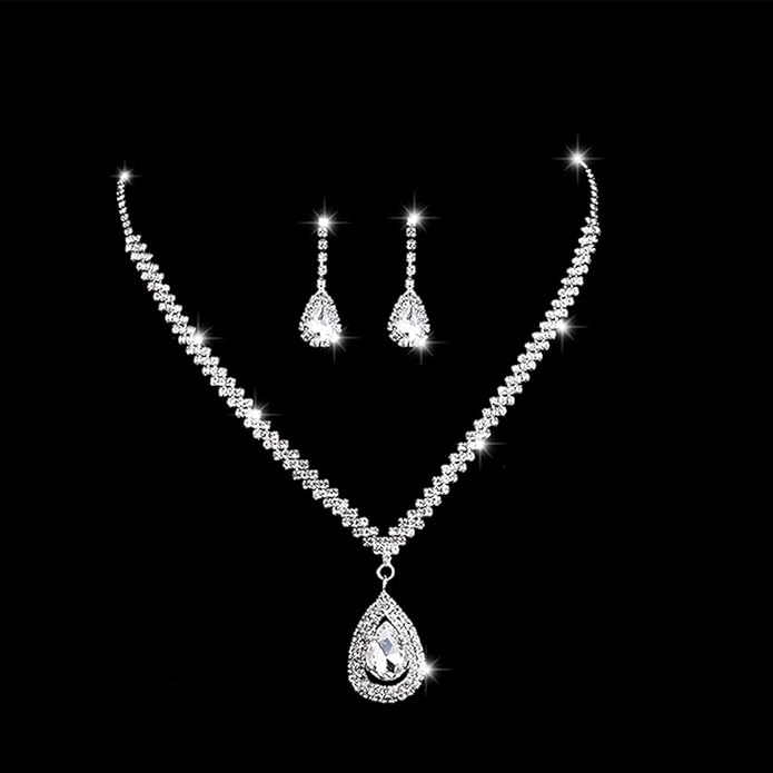 Bride Silver Necklace Earrings Set Rhinestone Wedding Jewelry Set Crystal Choker Necklace for Women