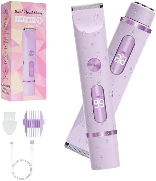 2025 Upgraded Dermave Bikini Shaver - 2 in 1 Bikini Trimmer for Women with LCD Display, Dual Head Cordless Electric Shaver, IPX7 Waterproof Wet/Dry Body Hair Trimmer for Face,Purple
