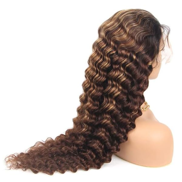 4/27 Deep Wave Lace Front Wigs Human Hair Honey Blonde Highlight Ombre Wigs Human Hair for Women 13x4 HD Transparent Lace Frontal Wigs Pre Plucked with Baby Hair 180 Density 28 Inch