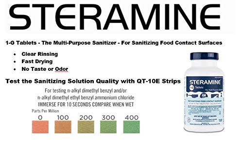 Steramine Quat Test Strips for Food Service by FryOilSaver Co., 32x Litmus Paper Strip & 30x QT-10 Test Strips Measures 0-400 PPM, Color Chart for Testing Steramine Quaternary Tab Sanitizing Solutions