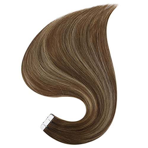 Full Shine Human Hair Tape in Extensions Color 4/24/4 Medium Brown to Honey Blonde 22 Inch Real Human Hair Tape in Extensions Silky Straight Travel Friendly Styling 20Pcs 50gram