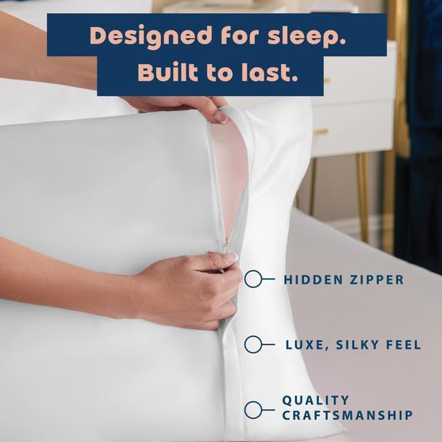 BLISSFORD Satin Pillowcase with Zipper for Hair and Skin Care, Feels Soft and Cool Like a Silk Pillowcase, White Satin Pillow Cases 2 Pack, Slik Pillow Cover, Standard Size - Set of 2