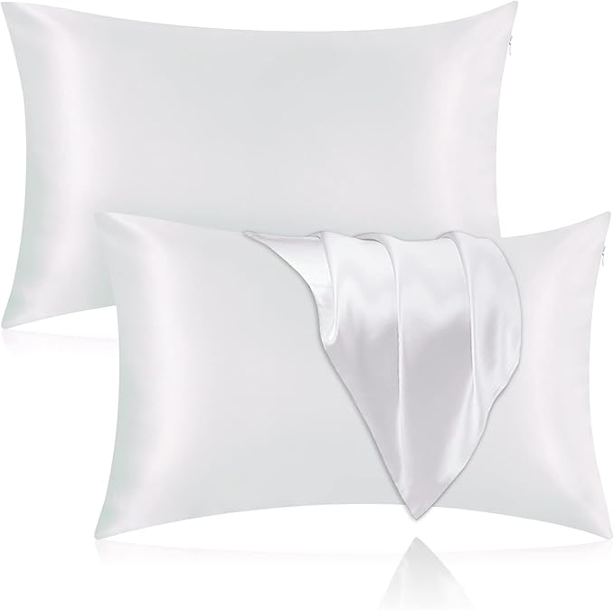 Silk Pillowcase for Hair and Skin, 2 Pack 100% Mulberry Silk Pillowcase 25 Momme, 600 Thread Count, Both Side Pure Silk Pillow Cover with Hidden Zipper (White, Standard 20''×26'')